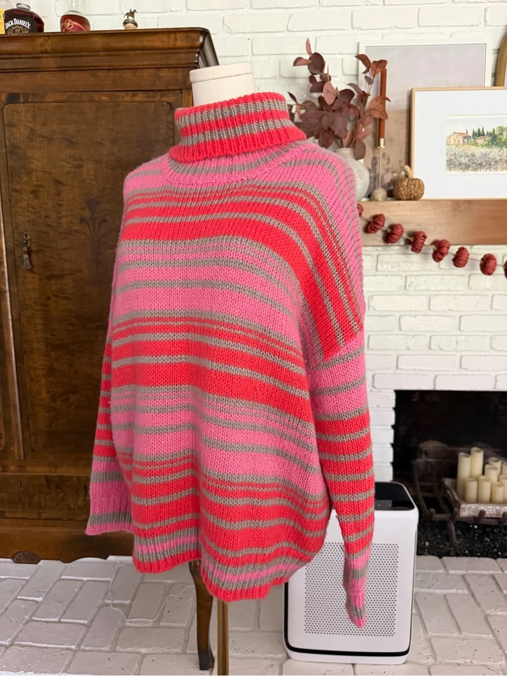 Striped Pink & Red Turtleneck Sweater - Cozy Oversized Fit